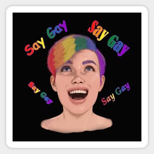 Young LGBTQ+ individual with pride saying Say Gay Sticker